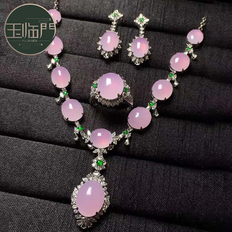 玉临门冰种粉紫翡翠蛋面项链套装女18k金镶嵌伴钻石优雅大方包邮
