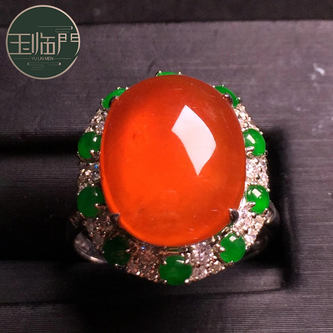玉临门冰种缅甸a货红翡蛋面翡翠戒指靓丽鲜艳0218k金镶嵌伴钻女戒