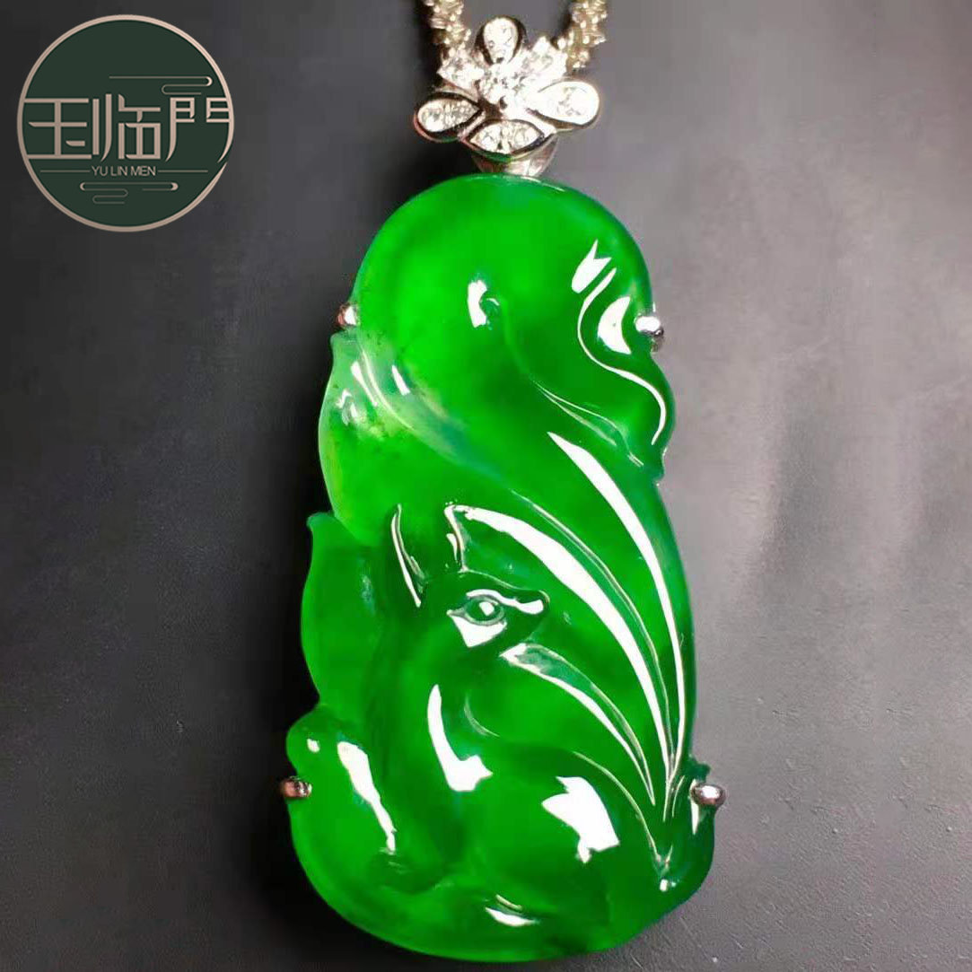 玉临门缅甸a货天然翡翠九尾狐38178 冰种阳绿九尾狐翡翠吊坠18k