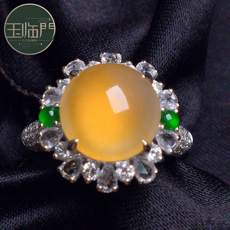 玉临门缅甸老坑天然a货翡翠冰种黄翡鸽子蛋18k金镶嵌翡翠戒指女士