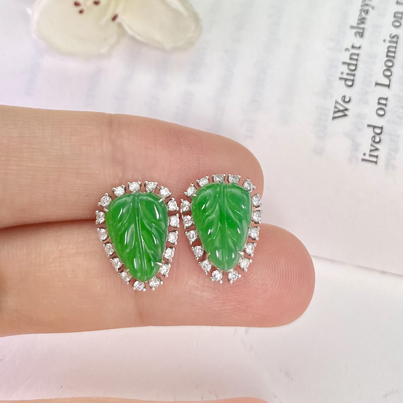 玉临门缅甸老坑天然a货翡翠冰种阳绿家大业大树叶k金镶嵌翡翠耳钉