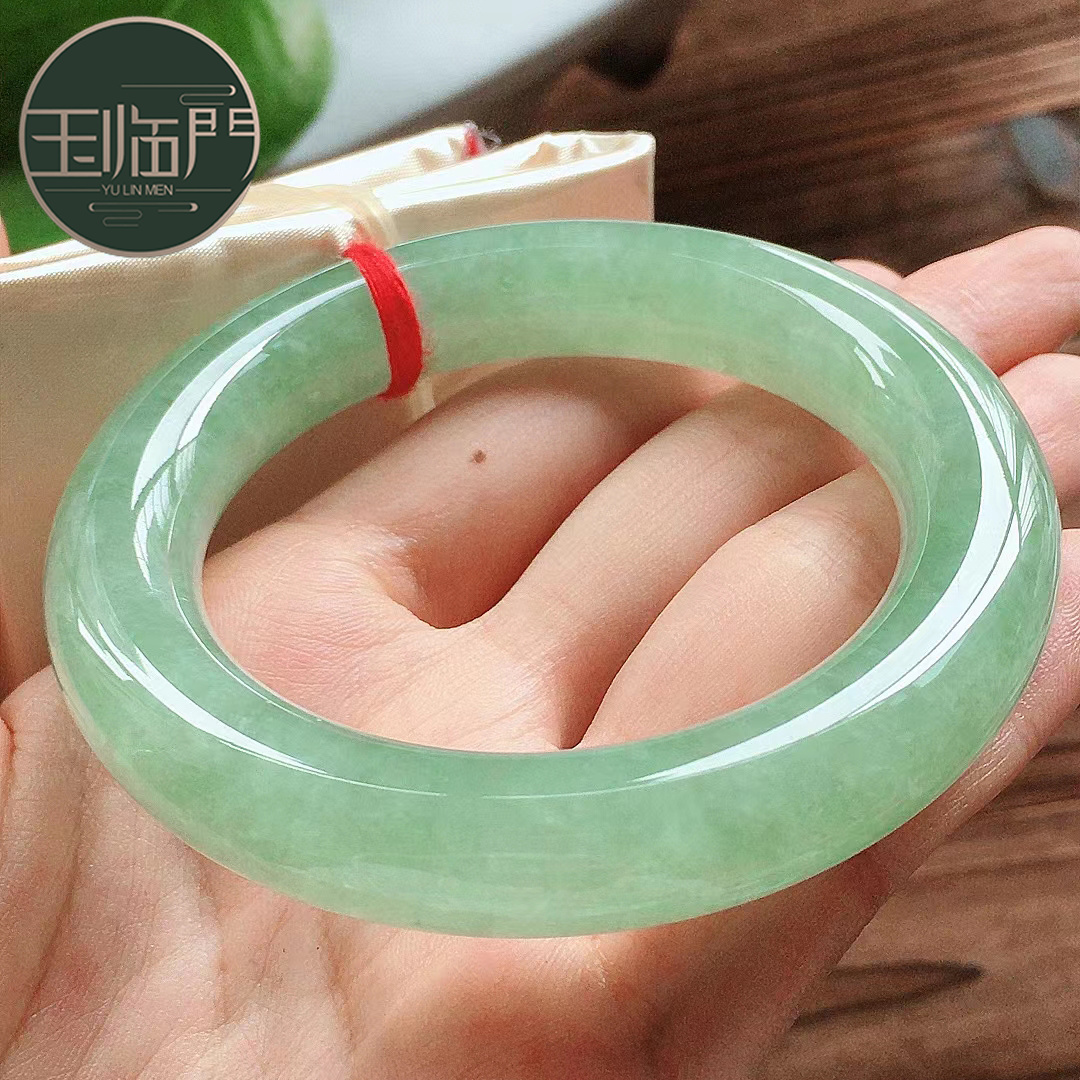 玉临门冰种缅甸a货晴底圆条翡翠玉手镯圈口54玉镯子莹丽端庄带证