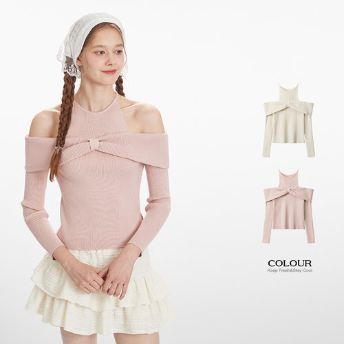 Nariele一字领设计感纯欲风针织衫2025新款秋季露肩短款上衣