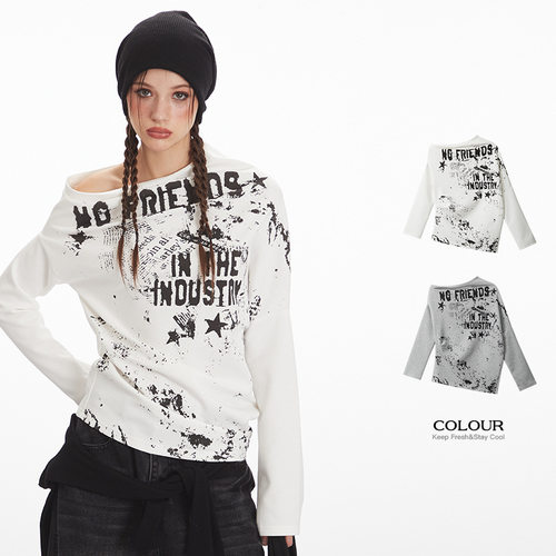 Nariele美式辣妹印花斜领长袖T恤女2025春秋季短款露肩修身