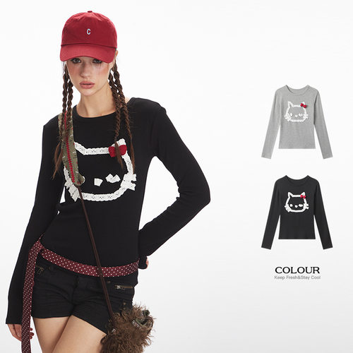 Nariele2025新款猫咪可爱秋季长袖T恤女修身显瘦内搭打底衫