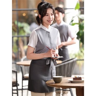 餐饮奶茶火锅咖啡店西餐服务员polo衬衫 工服logo T恤短袖 围裙套装