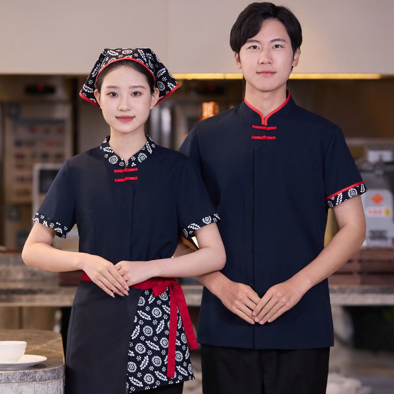 民族风农家乐服务员工作服女短袖餐饮饭店前厅锅店面馆工衣套装