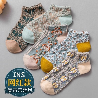 春夏时髦好物文艺复古袜子女宫廷风风百搭短袜夏季薄款碎花袜MM