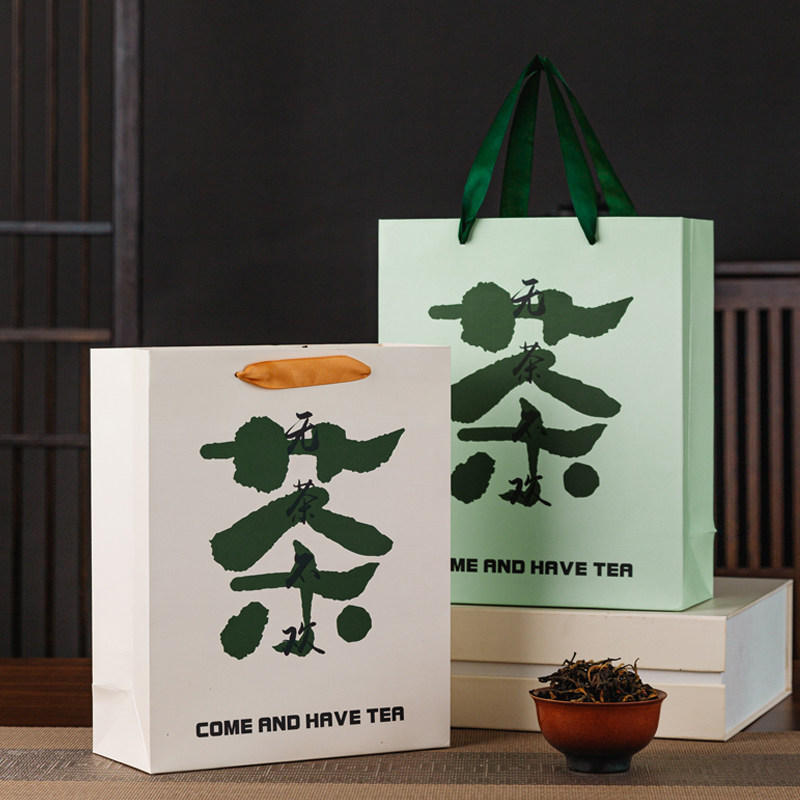 茶叶包装袋通用手提袋白卡纸纸袋加厚绿茶大红袍礼品袋手拎袋定制