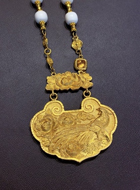 金包银錾刻锦上添花牡丹花锁包吊坠项链宫廷风复古项链配饰送礼物