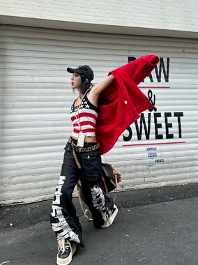 「西海岸帅哥」线条超重工阔腿VIBE高街潮裤男女牛仔阔腿裤