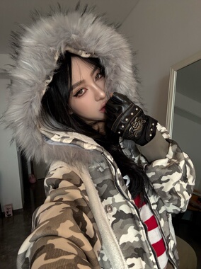 Kelpie原创迷彩毛领拼接水洗迷彩棉服男女冬季座山雕外套