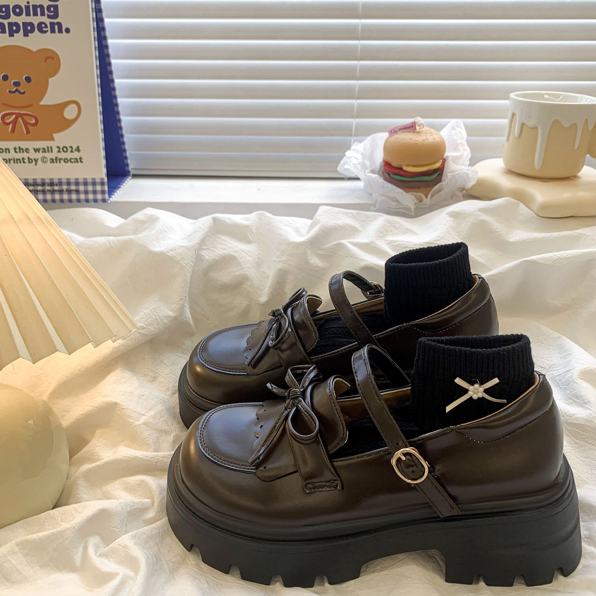 棕色厚底松糕粗跟蝴蝶结小皮鞋女2025春季新款日系jk玛丽珍单鞋子