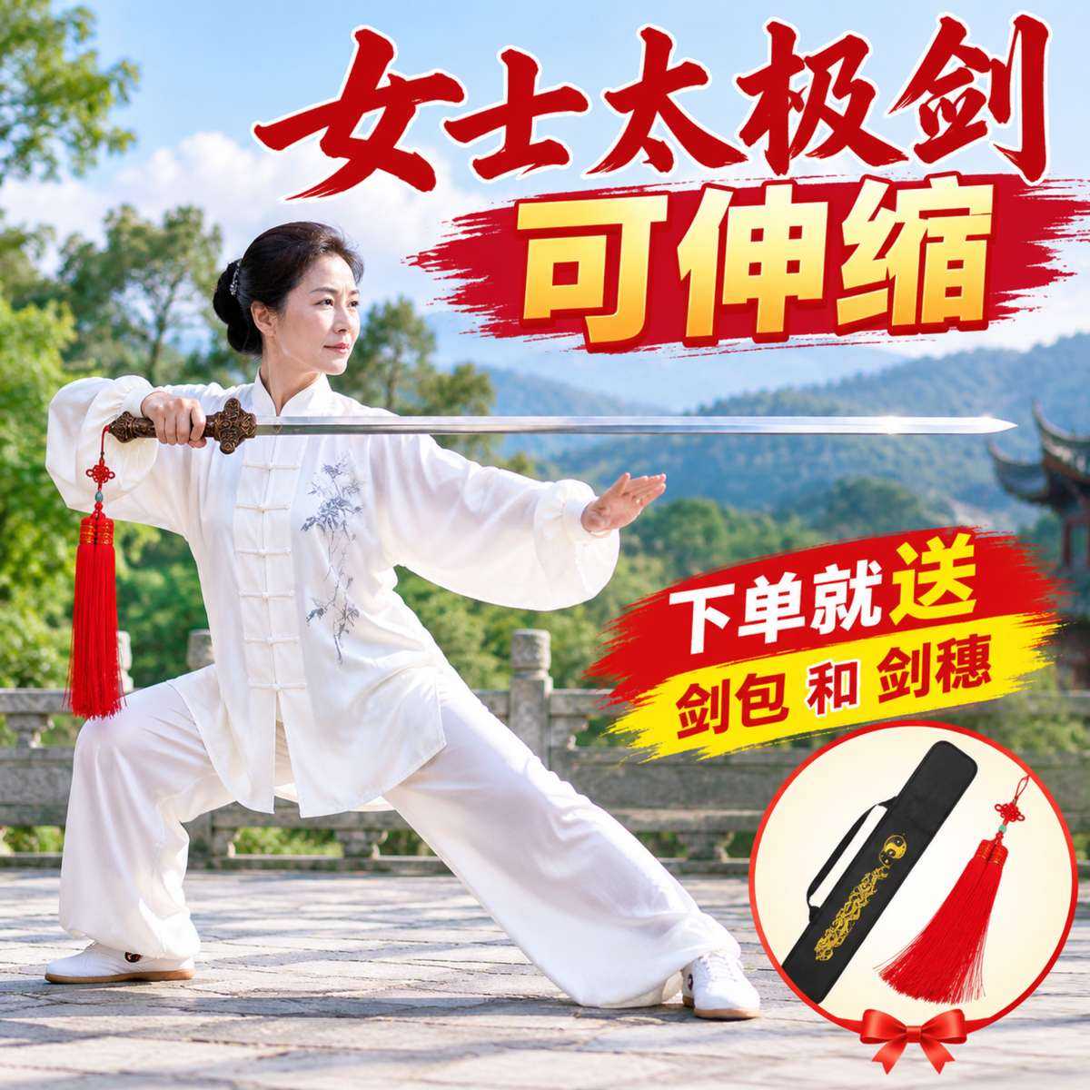 太极剑女式折叠缩剑不锈钢健身