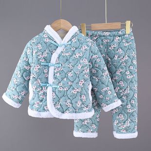 加绒加厚国风大花套装 女孩碎花棉袄棉裤 拜年服 秋冬季 女童棉衣套装