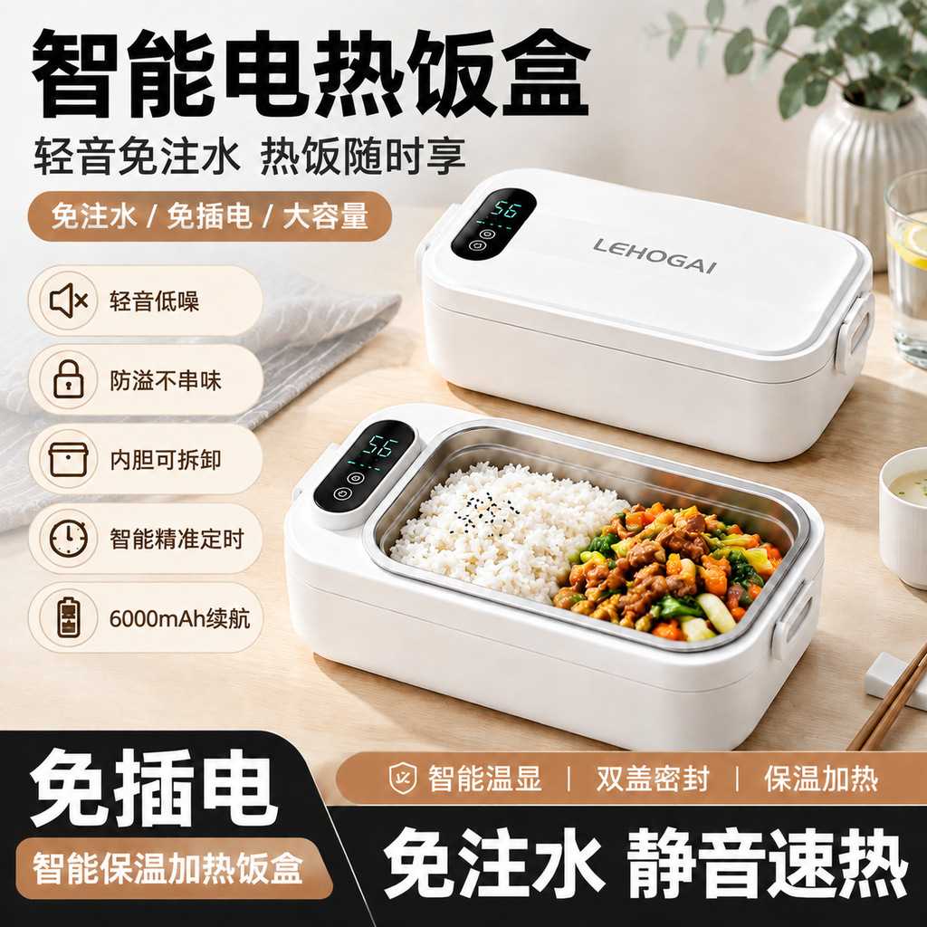 可充电加热保温饭桶加热饭盒304免注水学生宿舍usb户外热饭盒