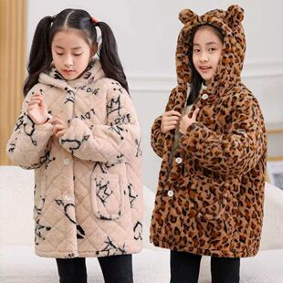 新款女童公主风豹纹保暖冬季罩衣加厚外套时尚棉衣棉袄加绒棉服