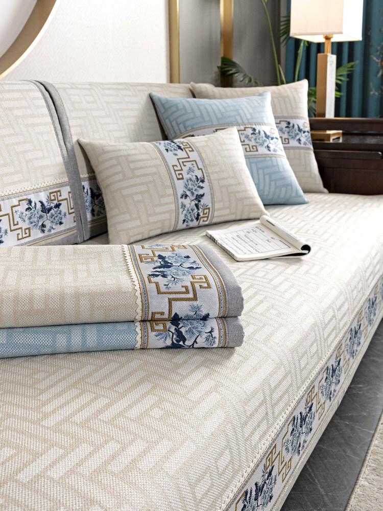 新中式沙发垫四季通用固定防滑棉麻实木沙发坐垫中式沙发套罩盖巾