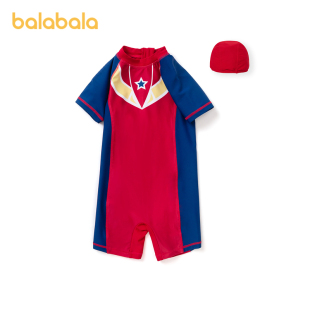潮 男孩泳装 巴拉巴拉男童泳衣儿童连体游泳衣泳帽套装 小童宝宝夏季