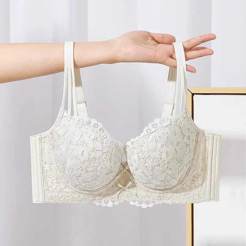 内衣女薄款大胸显小蕾丝软钢圈防