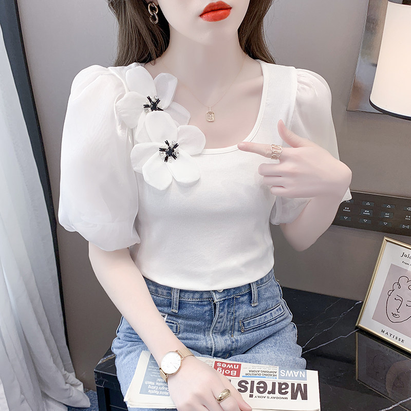 SHORT SLEEVE WOMENS 2024 NEW HOT SUMMER SLIM AND BEAUTIFUL SHORT T-SHIRT FASHION FOREIGN FASHION PUFF SLEEVE TOP