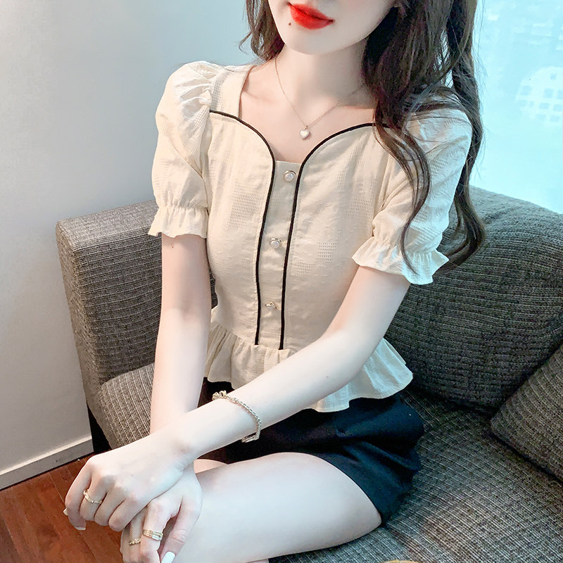CHIFFON SHIRT WOMENS SHORT SLEEVE 2024 NEW SUMMER CARD WAIST SHIRT SHORT STYLE CHIC FRENCH SQUARE NECK TOP