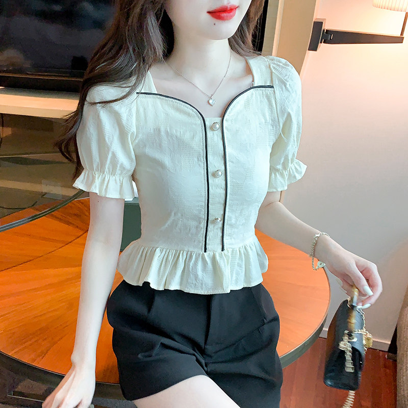 CHIFFON SHIRT WOMENS SHORT SLEEVE 2024 NEW SUMMER CARD WAIST SHIRT SHORT STYLE CHIC FRENCH SQUARE NECK TOP