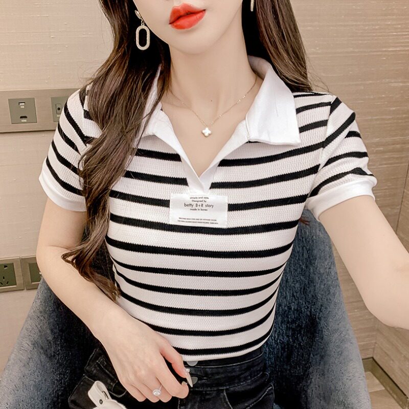 STRIPED POLO SHIRT WOMENS SUMMER SHORT SLEEVE T-SHIRT 2024 NEW SLIM FIT FASHION STRIPED POLO NECK TOP