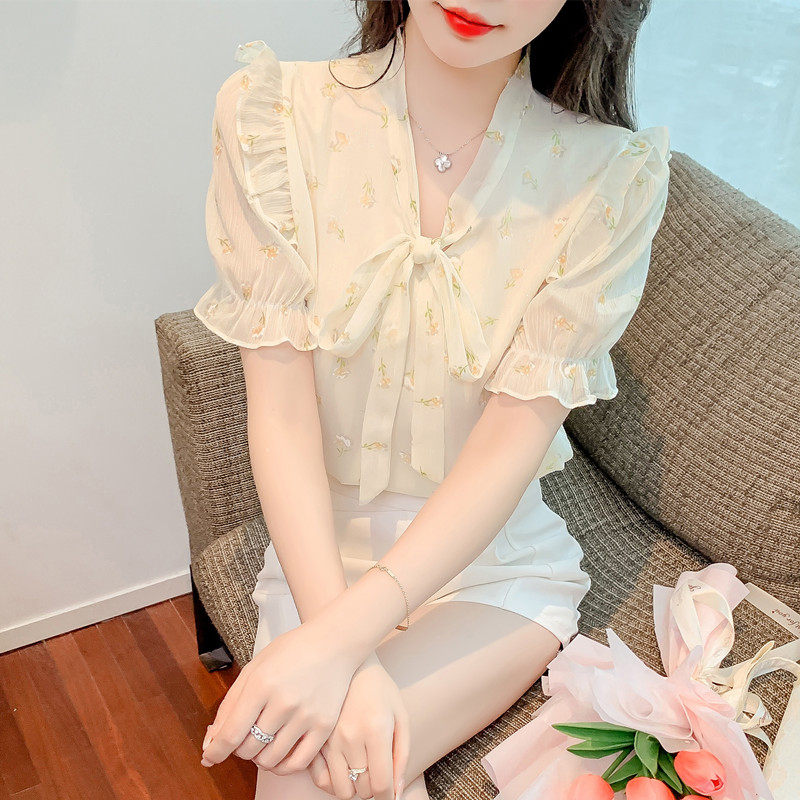 BOW CHIFFON SHIRT WOMENS SHORT SLEEVE 2024 NEW FASHION FASHIONABLE FASHIONABLE FAIRY TEMPERAMENT BEAUTIFUL FLORAL TOP