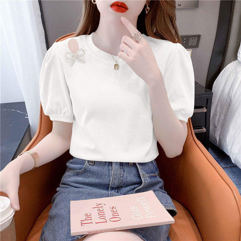 SHORT SLEEVE WOMENS 2024 NEW SUMMER SLIM FIT BEAUTIFUL T-SHIRT FASHION FOREIGN FASHION HOLLOW PUFF SLEEVE TOP TIDE