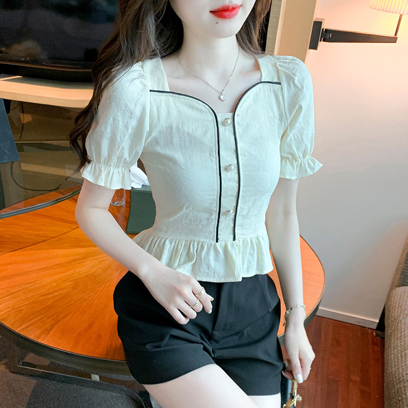 CHIFFON SHIRT WOMENS SHORT SLEEVE 2024 NEW SUMMER CARD WAIST SHIRT SHORT STYLE CHIC FRENCH SQUARE NECK TOP