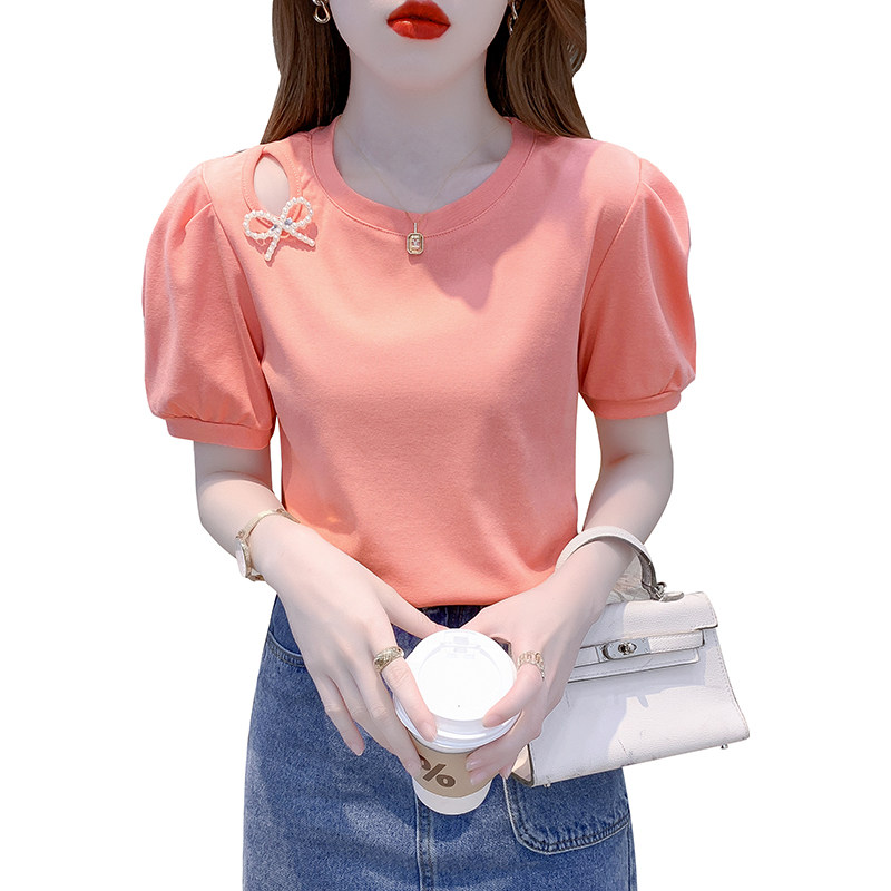 SHORT SLEEVE WOMENS 2024 NEW SUMMER SLIM FIT BEAUTIFUL T-SHIRT FASHION FOREIGN FASHION HOLLOW PUFF SLEEVE TOP TIDE