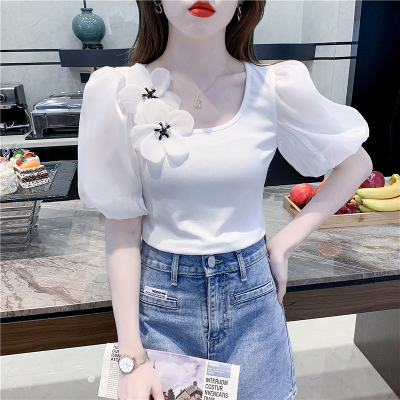 SHORT SLEEVE WOMENS 2024 NEW HOT SUMMER SLIM AND BEAUTIFUL SHORT T-SHIRT FASHION FOREIGN FASHION PUFF SLEEVE TOP
