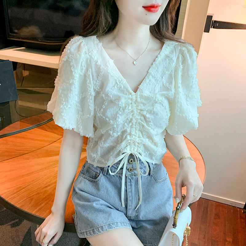 CHIFFON SHIRT WOMENS SHORT SLEEVE SUMMER 2024 NEW DESIGN SENSE NICHE FRENCH V-NECK PUFF SLEEVE CROPPED TOP