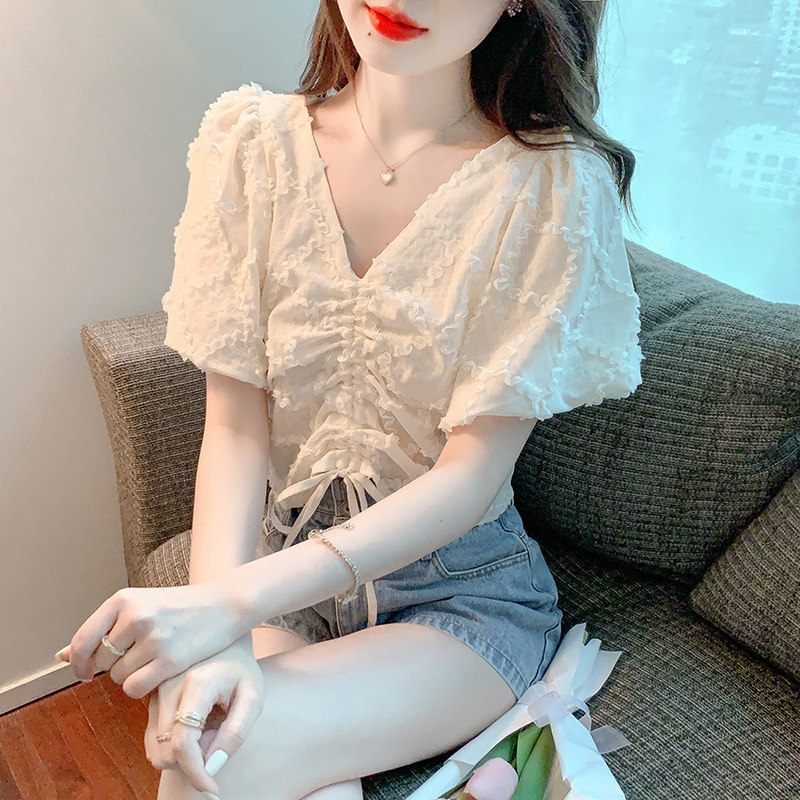 CHIFFON SHIRT WOMENS SHORT SLEEVE SUMMER 2024 NEW DESIGN SENSE NICHE FRENCH V-NECK PUFF SLEEVE CROPPED TOP