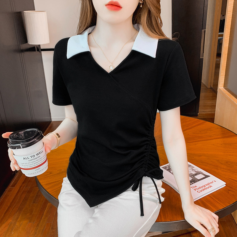V-NECK WAIST IRREGULAR SHORT T-SHIRT WOMENS SHORT SLEEVE 2024 NEW HOT SUMMER DESIGN SENSE NICHE CHIC TOP
