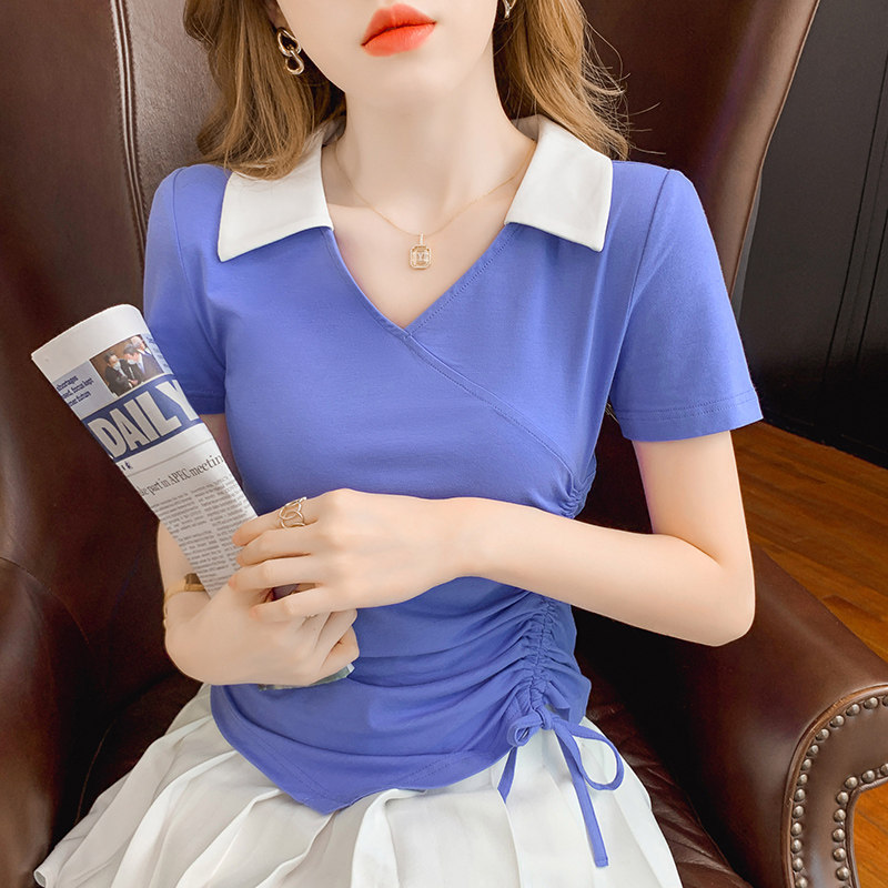 V-NECK WAIST IRREGULAR SHORT T-SHIRT WOMENS SHORT SLEEVE 2024 NEW HOT SUMMER DESIGN SENSE NICHE CHIC TOP