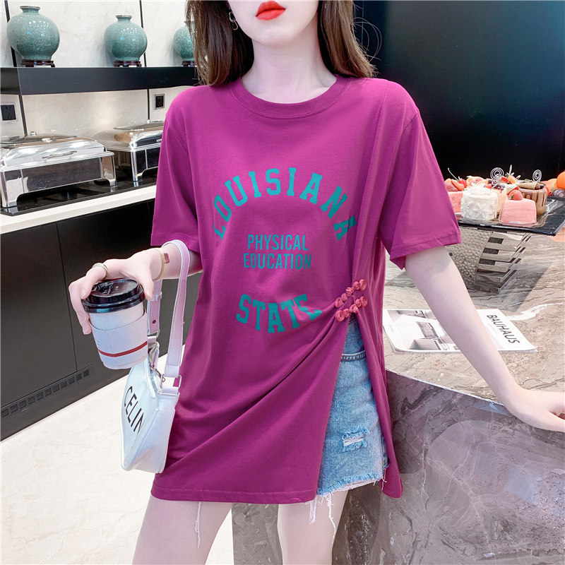SLIT MIDI LENGTH T-SHIRT WOMENS SHORT SLEEVE 2024 NEW SUMMER LOOSE FASHION FOREIGN FASHION FASHION BUCKLE TOP TREND