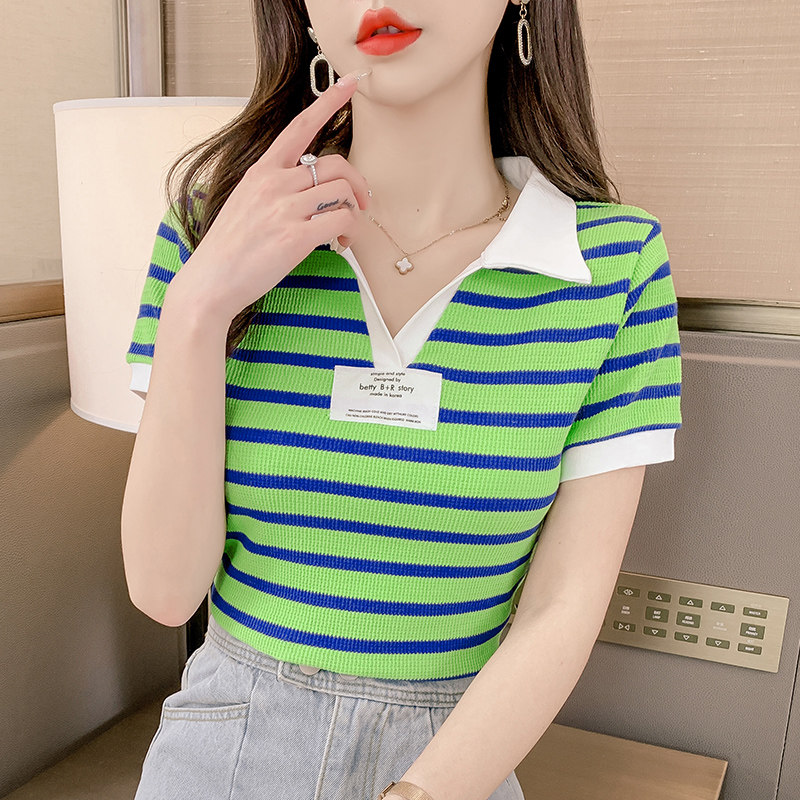 STRIPED POLO SHIRT WOMENS SUMMER SHORT SLEEVE T-SHIRT 2024 NEW SLIM FIT FASHION STRIPED POLO NECK TOP