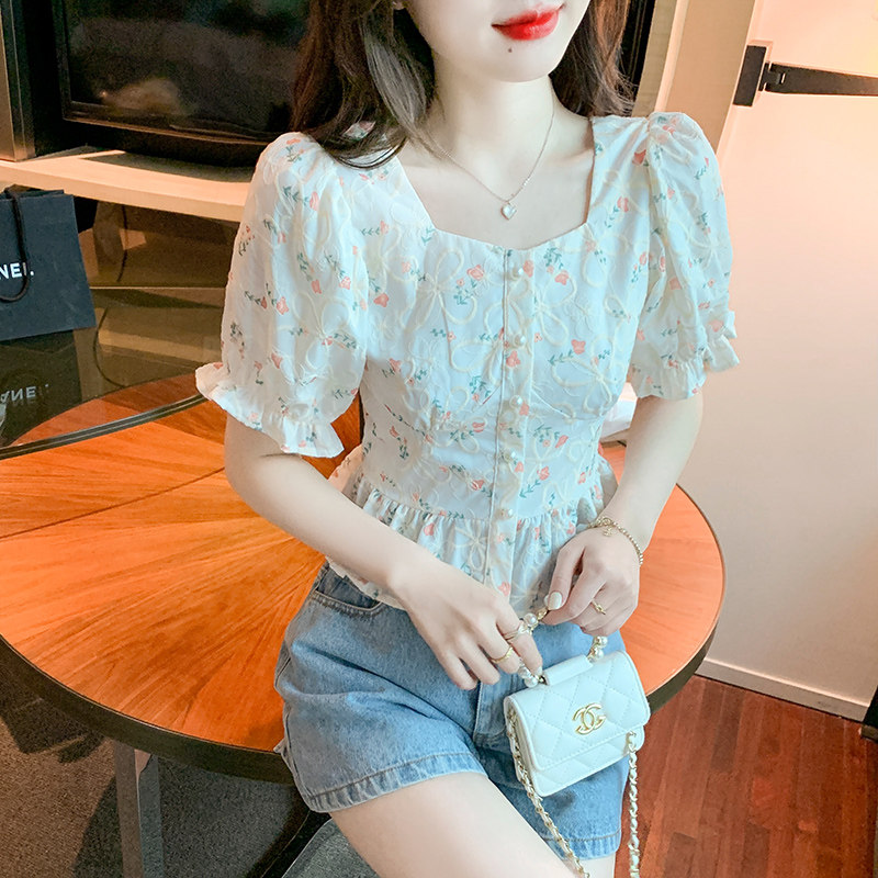 SHORT SLEEVE SHIRT WOMENS SUMMER 2024 NEW CARD WAIST SHIRT SHORT STYLE FRENCH SQUARE NECK PUFF SLEEVE FLORAL TOP