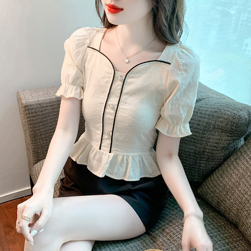 CHIFFON SHIRT WOMENS SHORT SLEEVE 2024 NEW SUMMER CARD WAIST SHIRT SHORT STYLE CHIC FRENCH SQUARE NECK TOP