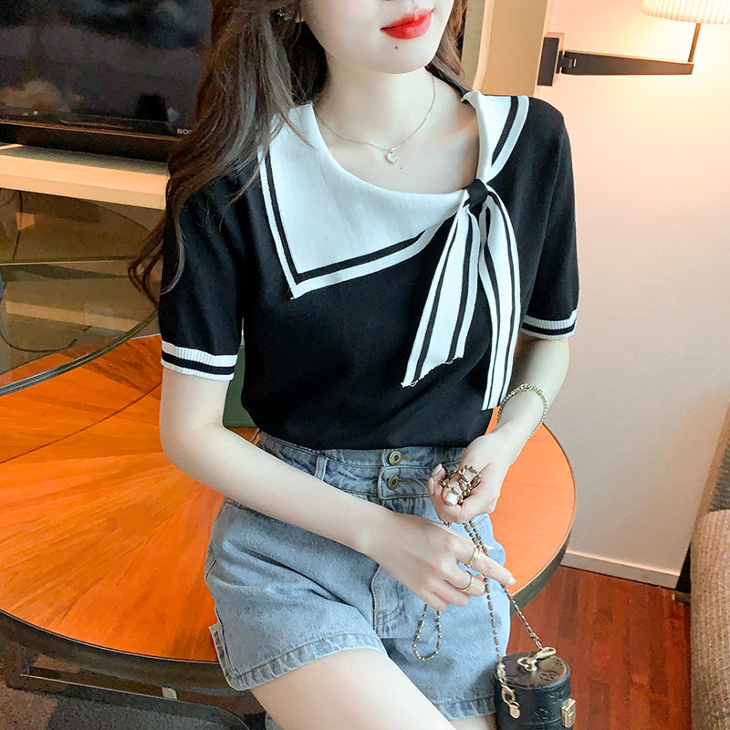 ICE SILK SHORT SLEEVE T-SHIRT WOMENS 2024 NEW SUMMER WOMENS FASHION FASHIONABLE FOREIGN AGE-REDUCING CHIC NAVY NECK TOP