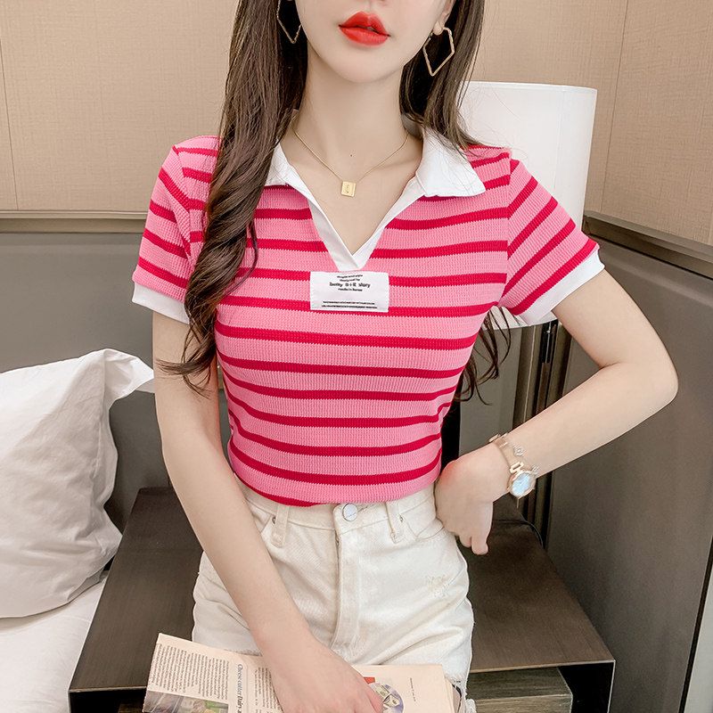 STRIPED POLO SHIRT WOMENS SUMMER SHORT SLEEVE T-SHIRT 2024 NEW SLIM FIT FASHION STRIPED POLO NECK TOP