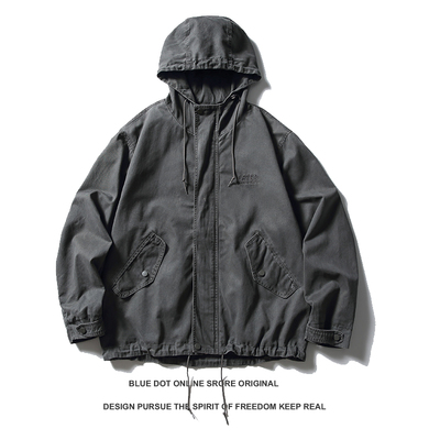 25SS日系复古青年潮牌水洗纯棉连帽工装夹克男女潮牌宽松休闲外套
