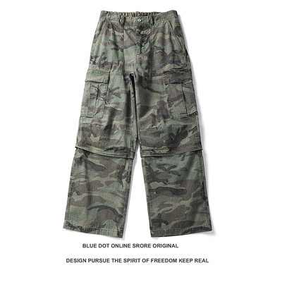 日系潮牌迷彩工装裤男春夏纯棉宽松直筒休闲长裤阔腿可拆卸七分裤