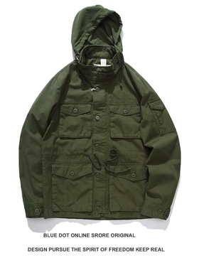 日系复古做旧水洗迷彩工装多口袋连帽夹克ins潮牌M65军版风衣外套