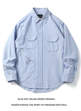 日系复古青年潮牌牛津纺宽松多口袋工装衬衫外套纯色长袖衬衫 男