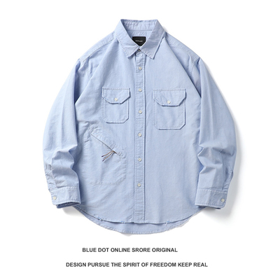 日系复古青年潮牌牛津纺宽松多口袋工装衬衫外套纯色长袖衬衫 男