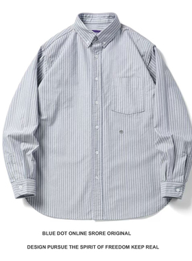 日系复古薄款cityboy廓形长袖蓝白条纹衬衫男 圆弧下摆竖条纹衬衫