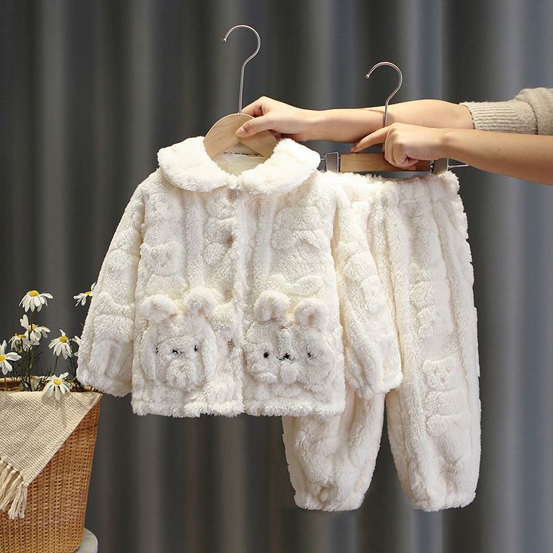 儿童加绒睡衣秋冬款女童宝宝分体毛绒家居服套装男童加厚居家衣服